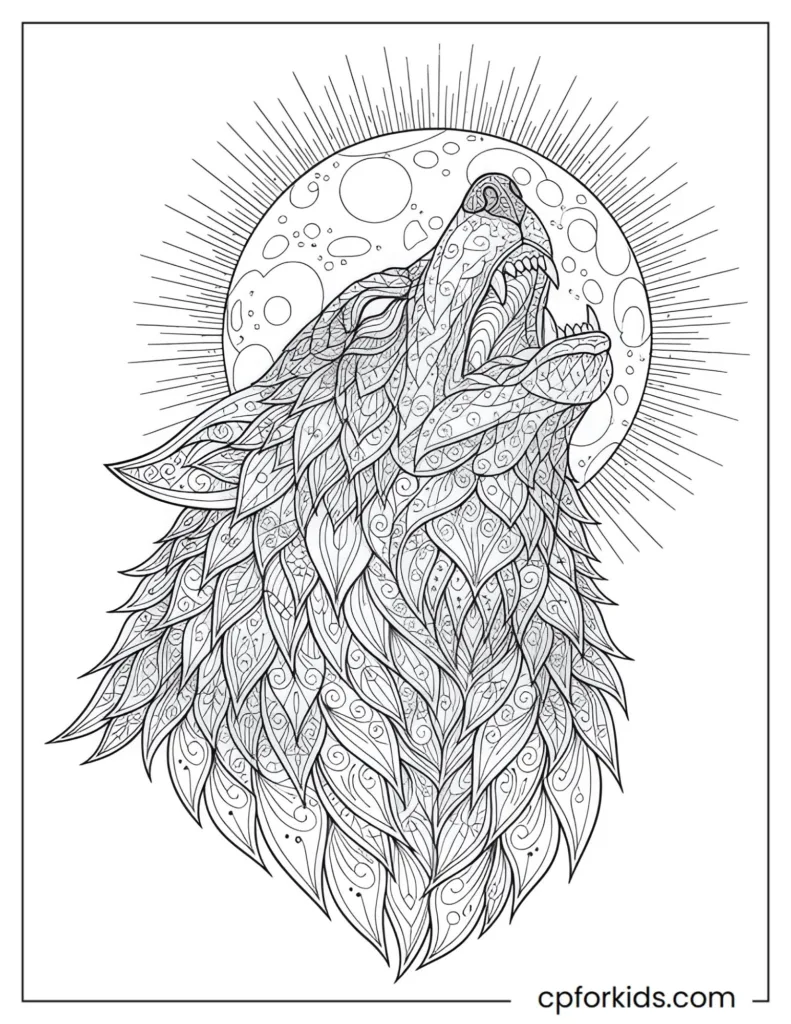 Complex mandala pattern integrated into a howling werewolf face, adult coloring page.