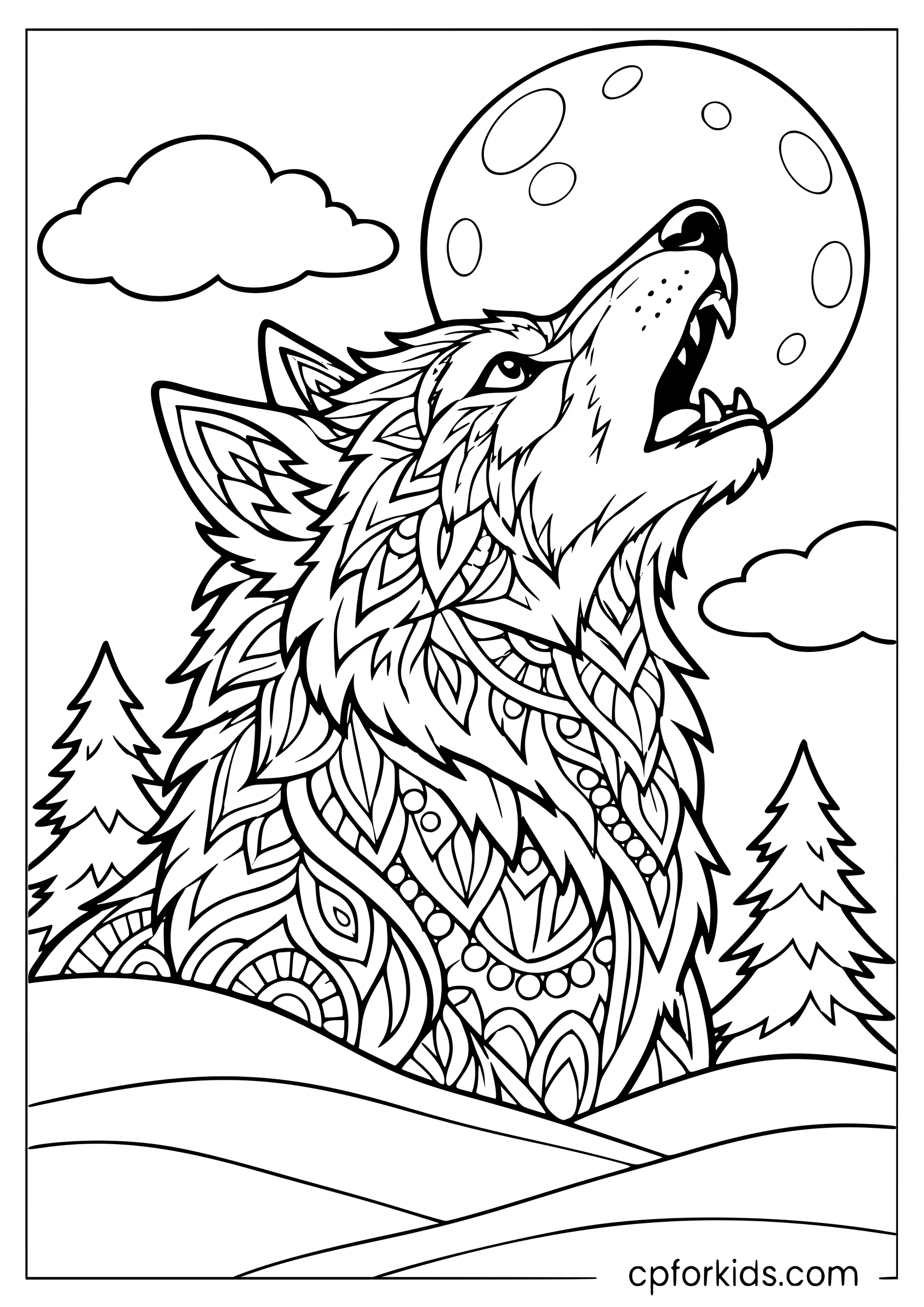 Patterned werewolf head howling above hills beneath a moon