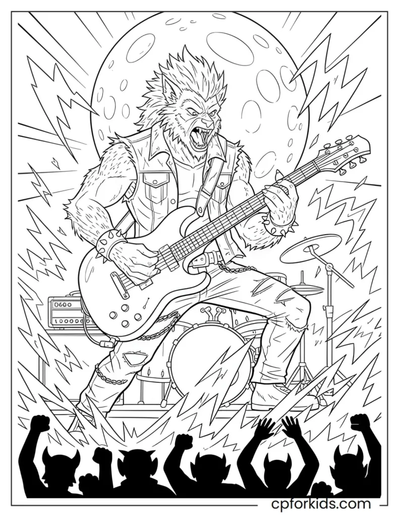 Rock star werewolf playing an electric guitar, fun and dynamic coloring page.