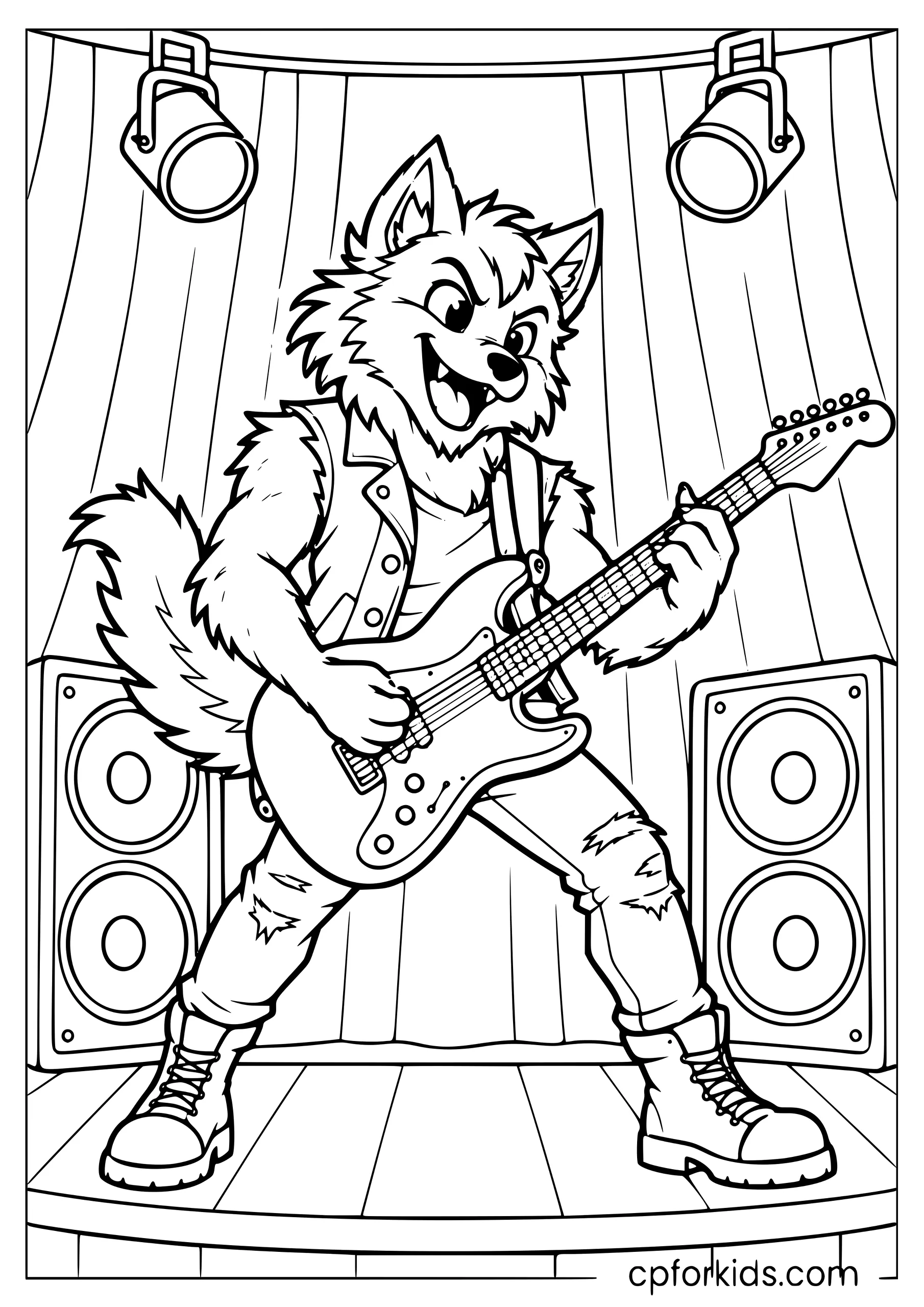Werewolf playing an electric guitar on a small stage