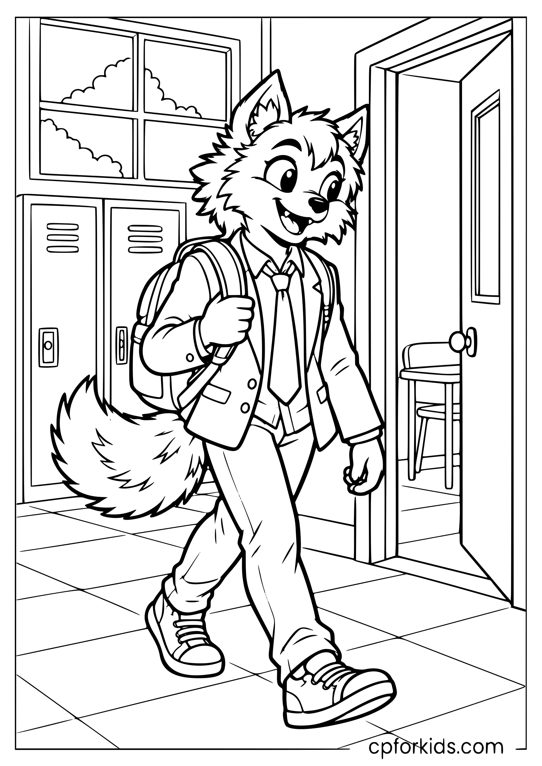 Werewolf student carrying a backpack along a school hallway