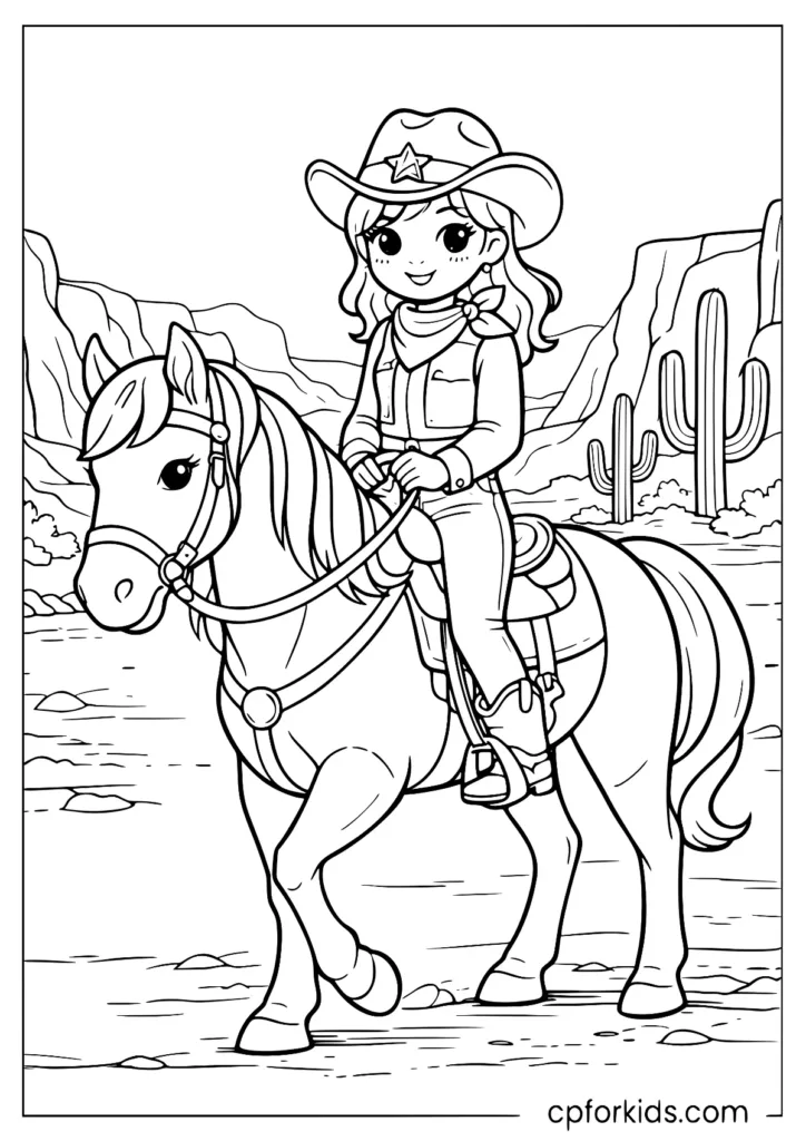 Western cowgirl riding a horse coloring page with a canyon trail scene for adults