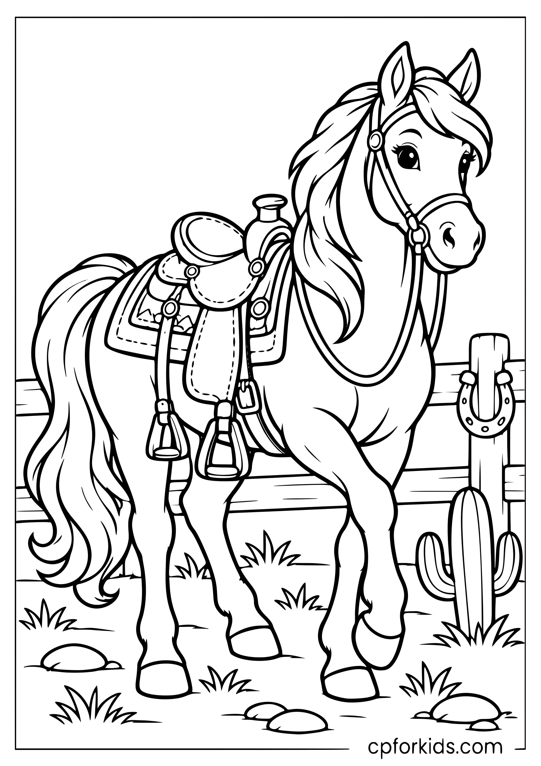 Horse wearing western saddle beside ranch fence