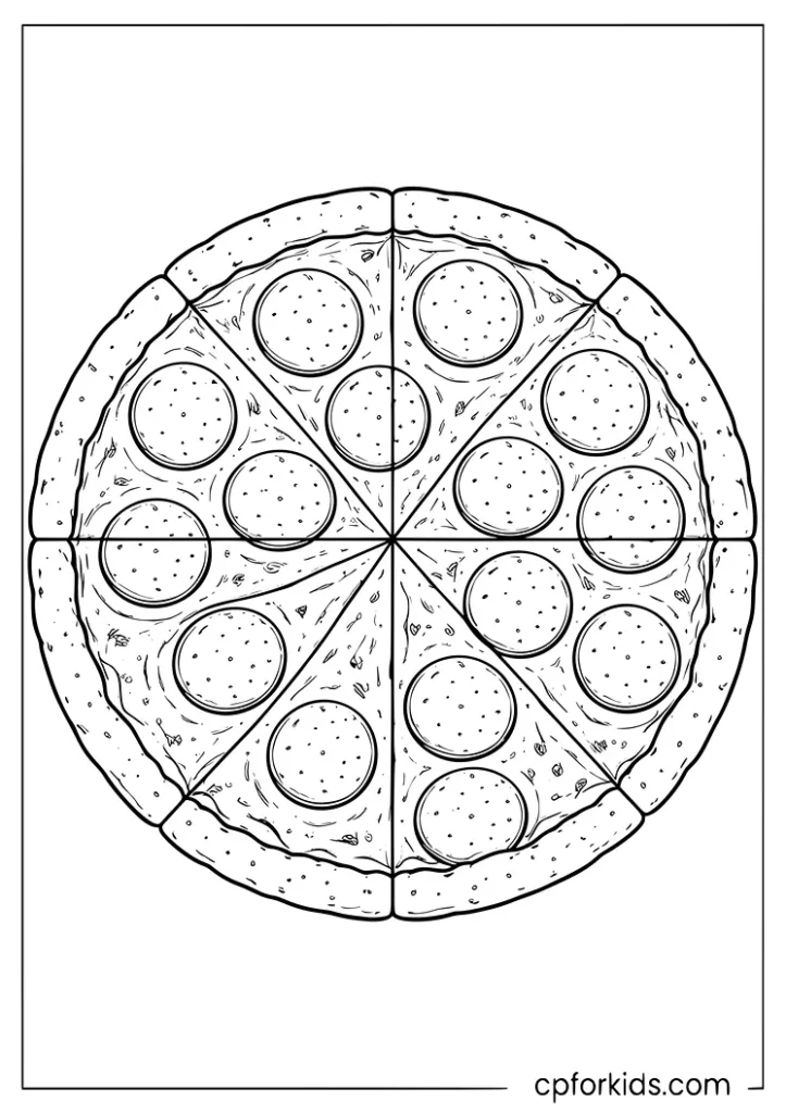 Whole pepperoni pizza seen from above with all eight slices coloring page
