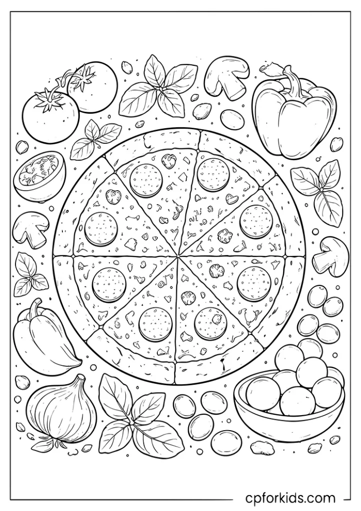 Whole pizza surrounded by fresh ingredients in a flat lay coloring page