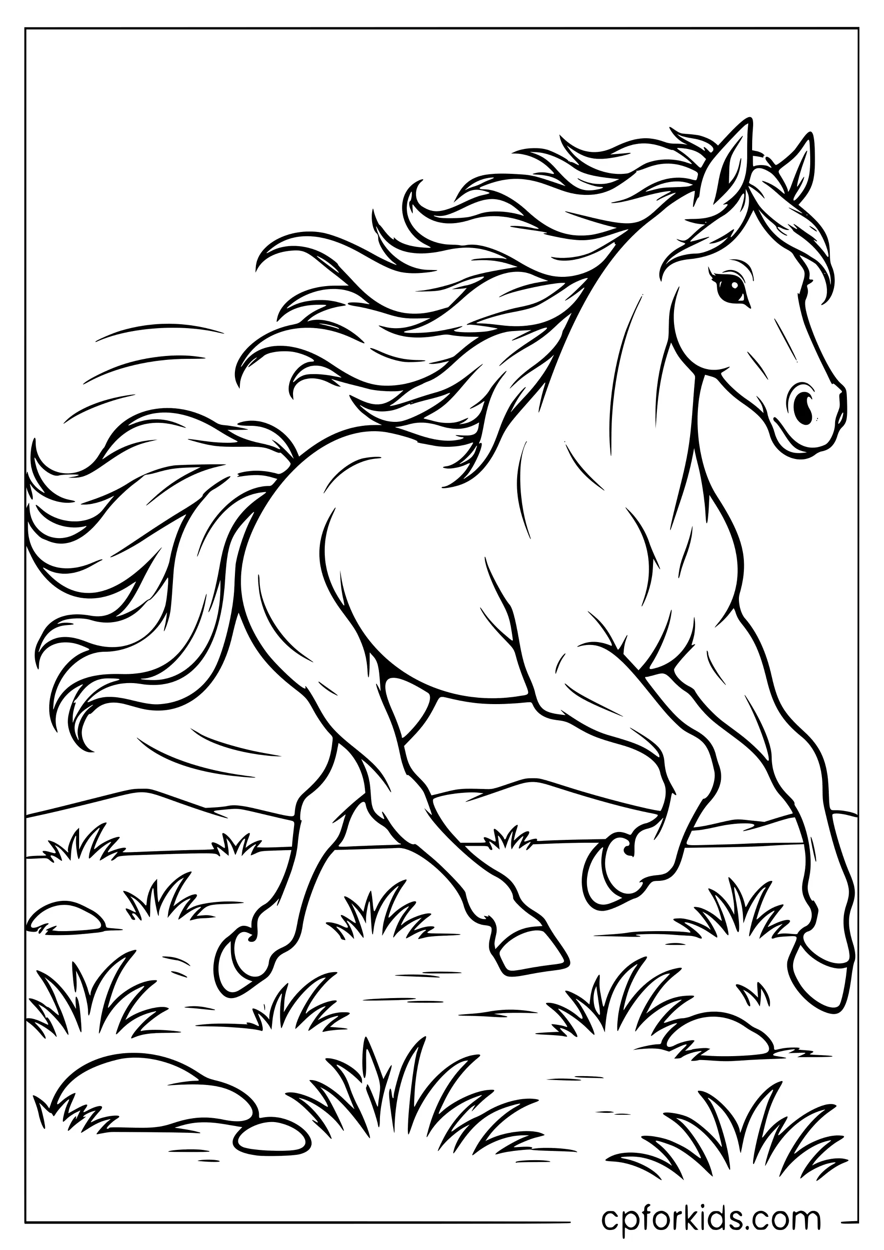 Wild mustang galloping across an open grassy plain