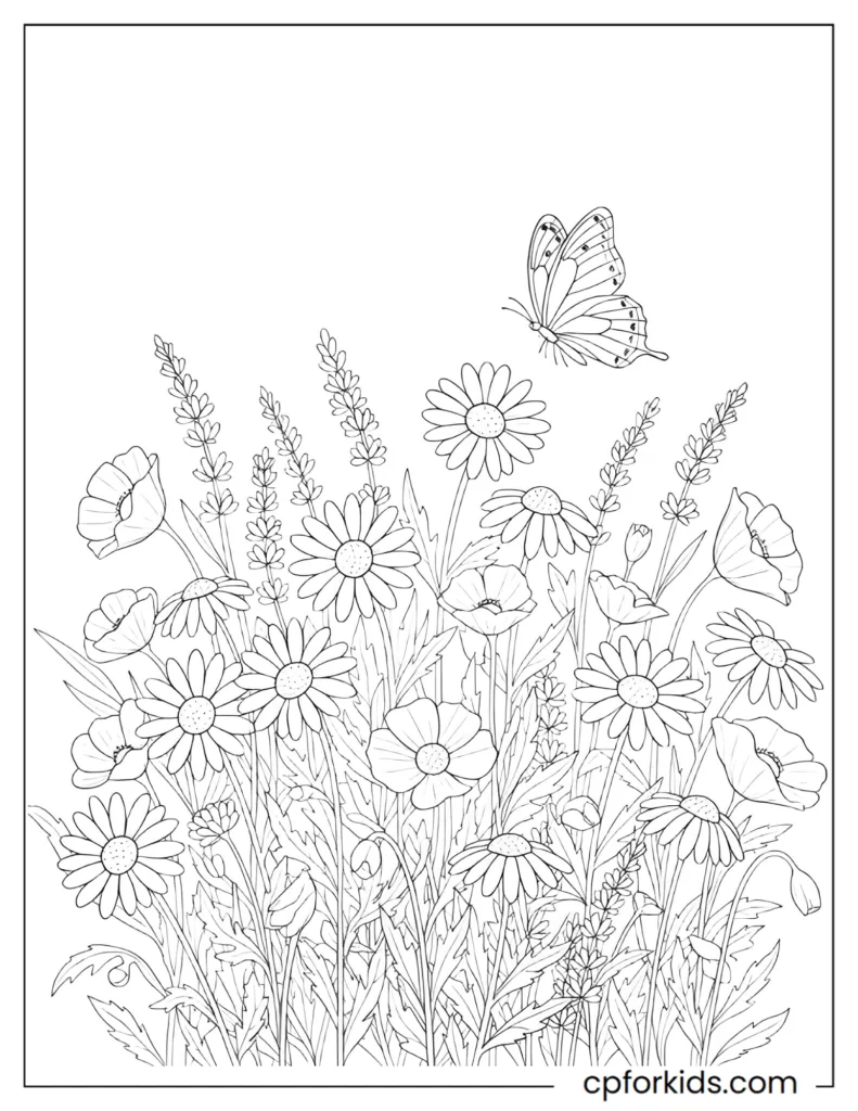 Wildflower Coloring Pages Wildflower coloring page featuring a field of garden flowers in black and white line art