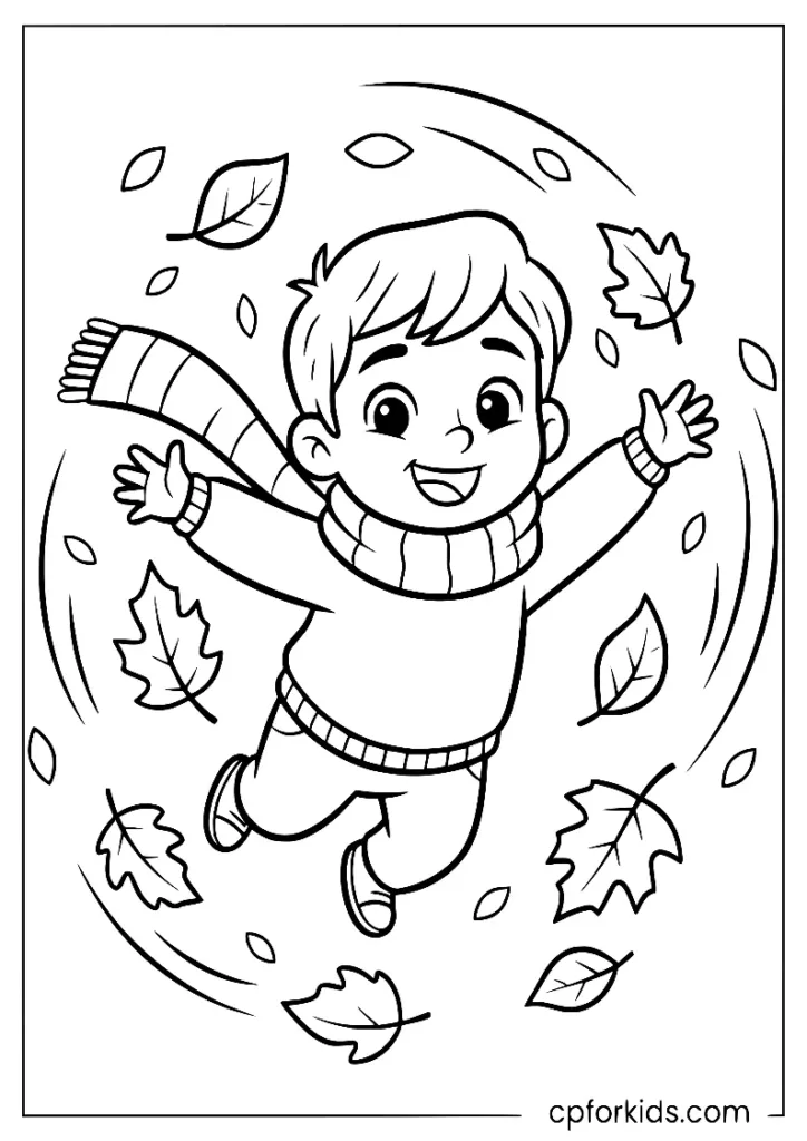 Child playing in wind with falling leaves coloring page