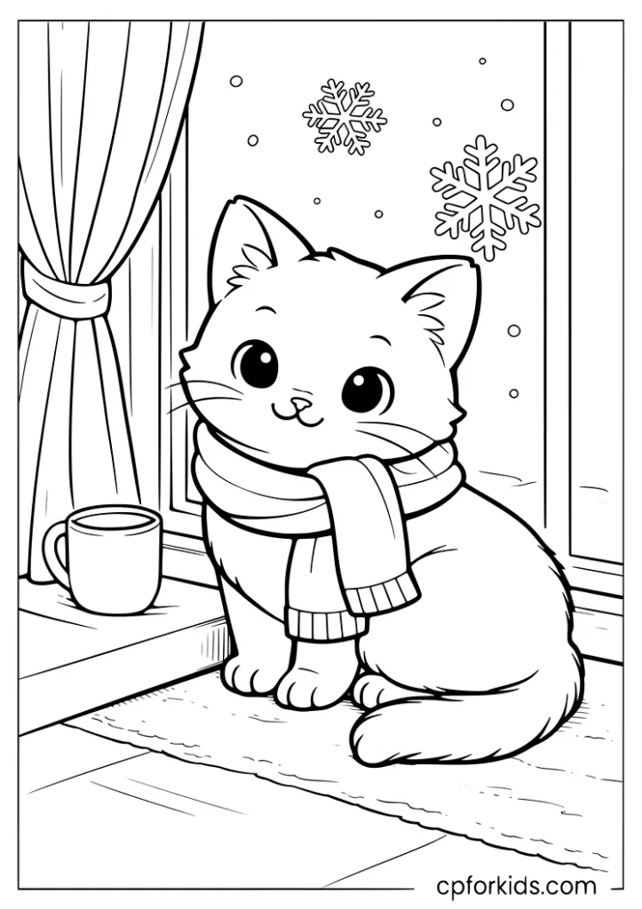 Cat wearing a scarf by a winter window coloring page