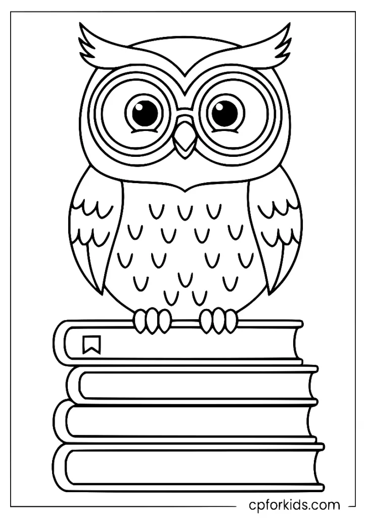 Owl with glasses sitting on books, reading themed coloring page