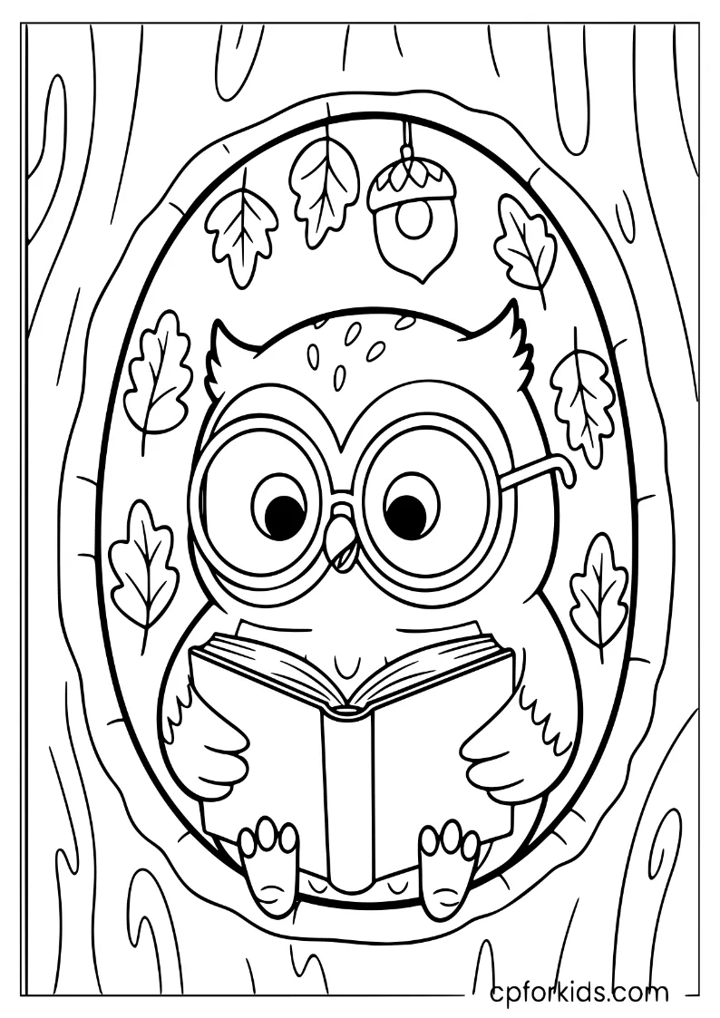 An owl with glasses reading a book inside a tree hollow with fall leaves