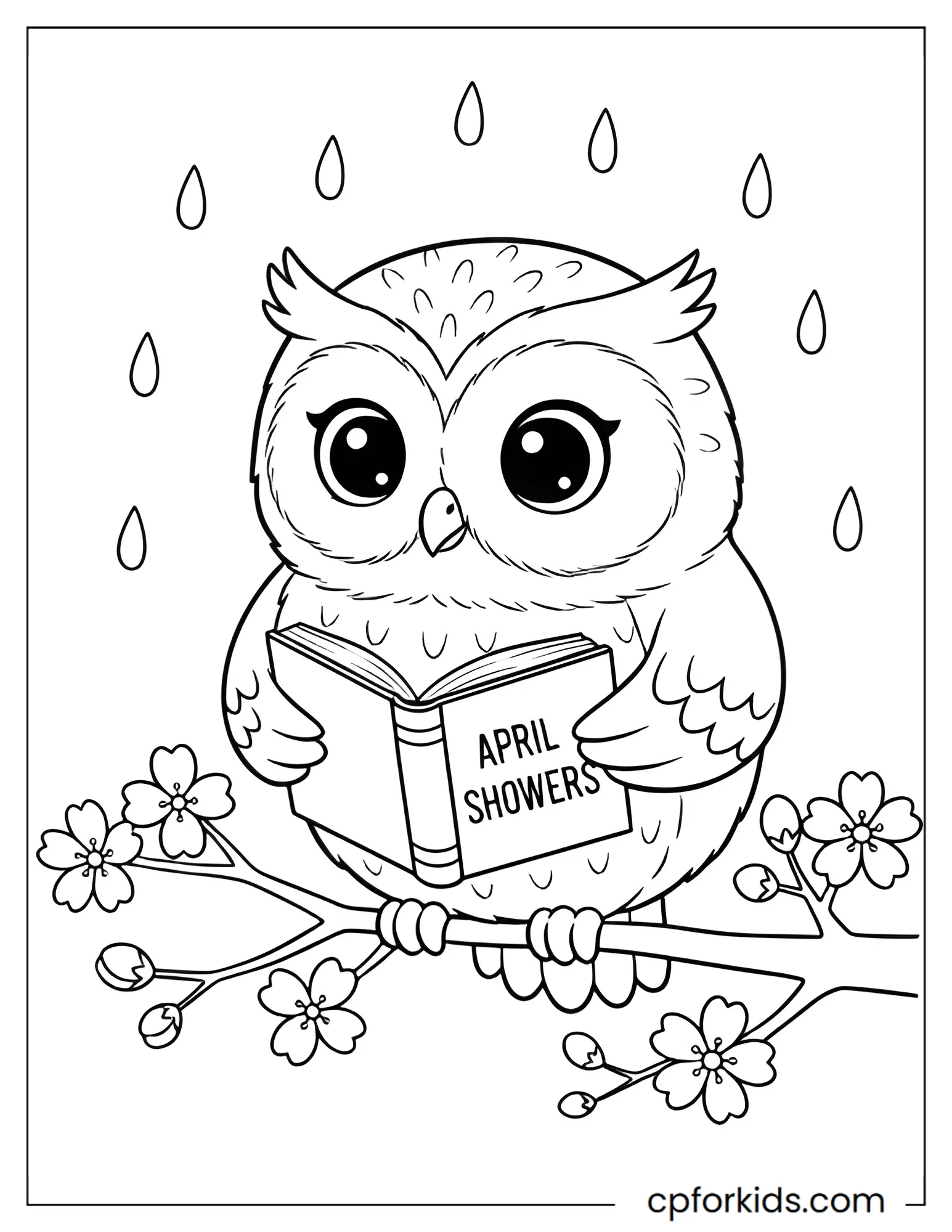 Owl reading a book while perched on a cherry blossom branch