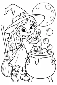 A witch stirring a bubbling cauldron