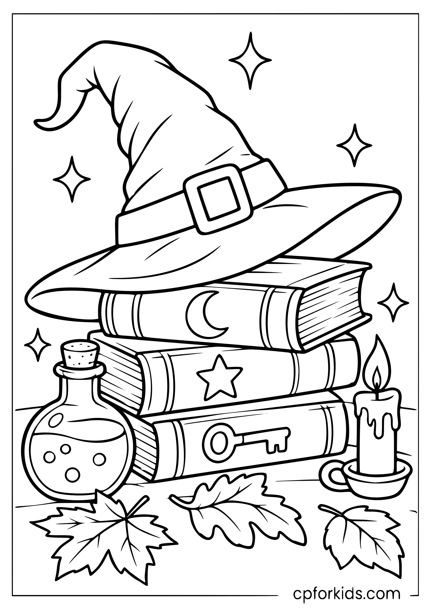Witch hat beside stacked spell books