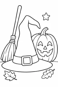 A witch hat and broom beside a Halloween pumpkin