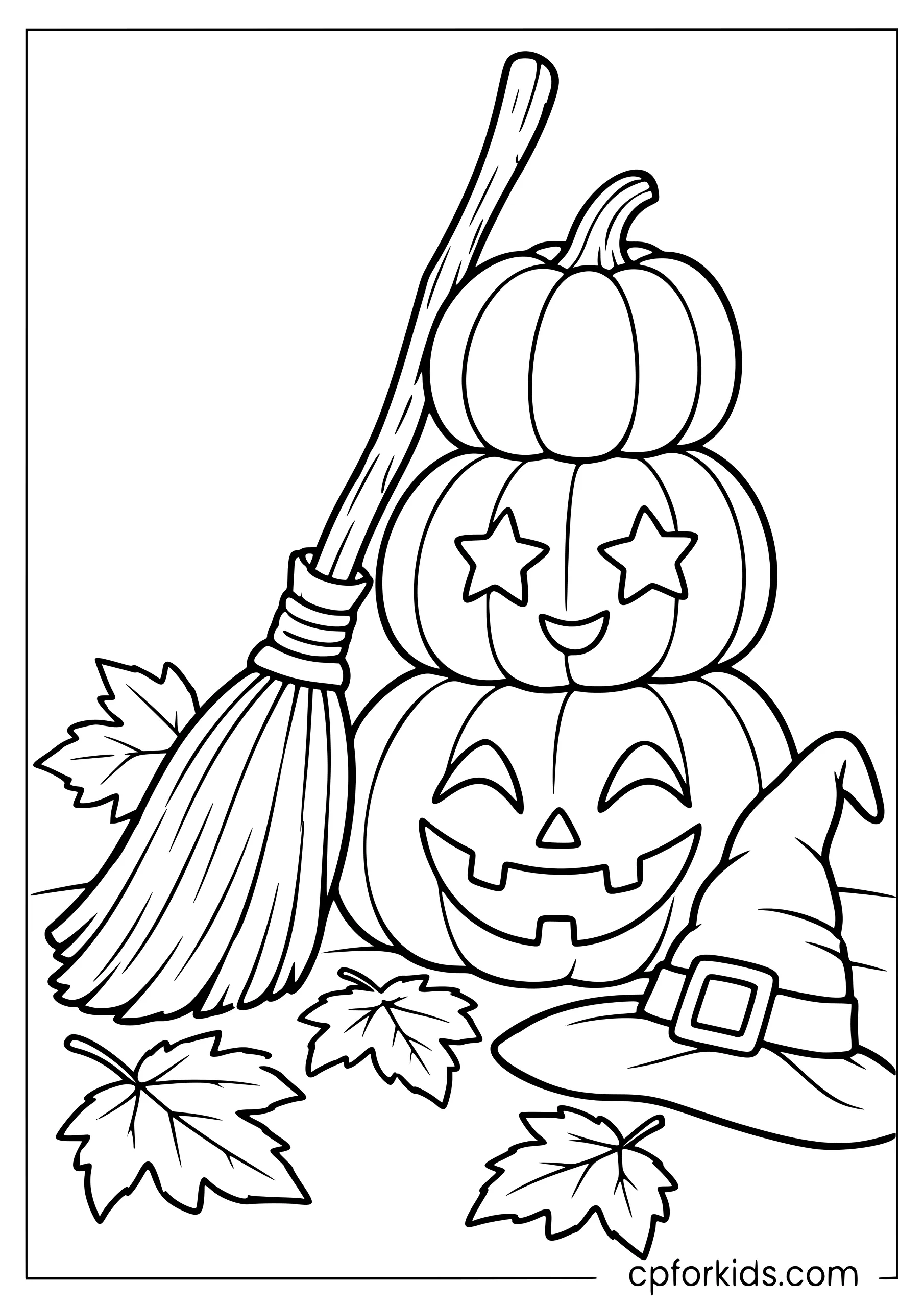 Witch's broom leaning on a pumpkin stack