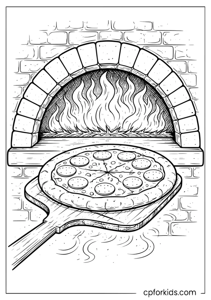 Wood fired pizza cooking inside a traditional stone oven coloring page