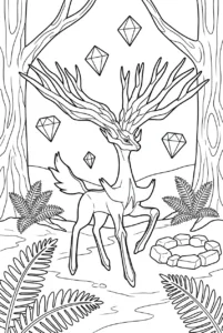 Xerneas walking through a grove with ferns and stone circles
