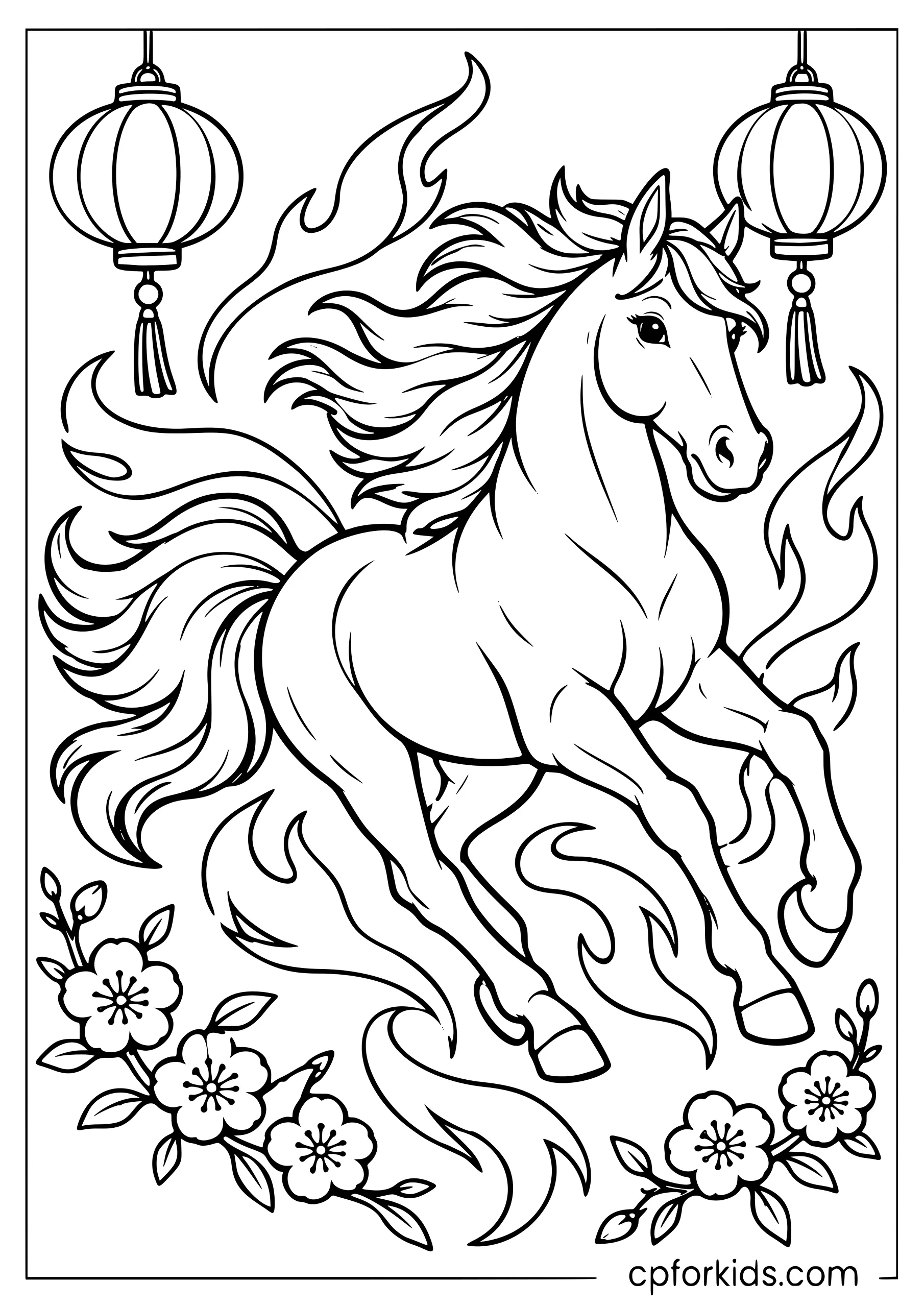 Galloping horse surrounded by flames and hanging lanterns