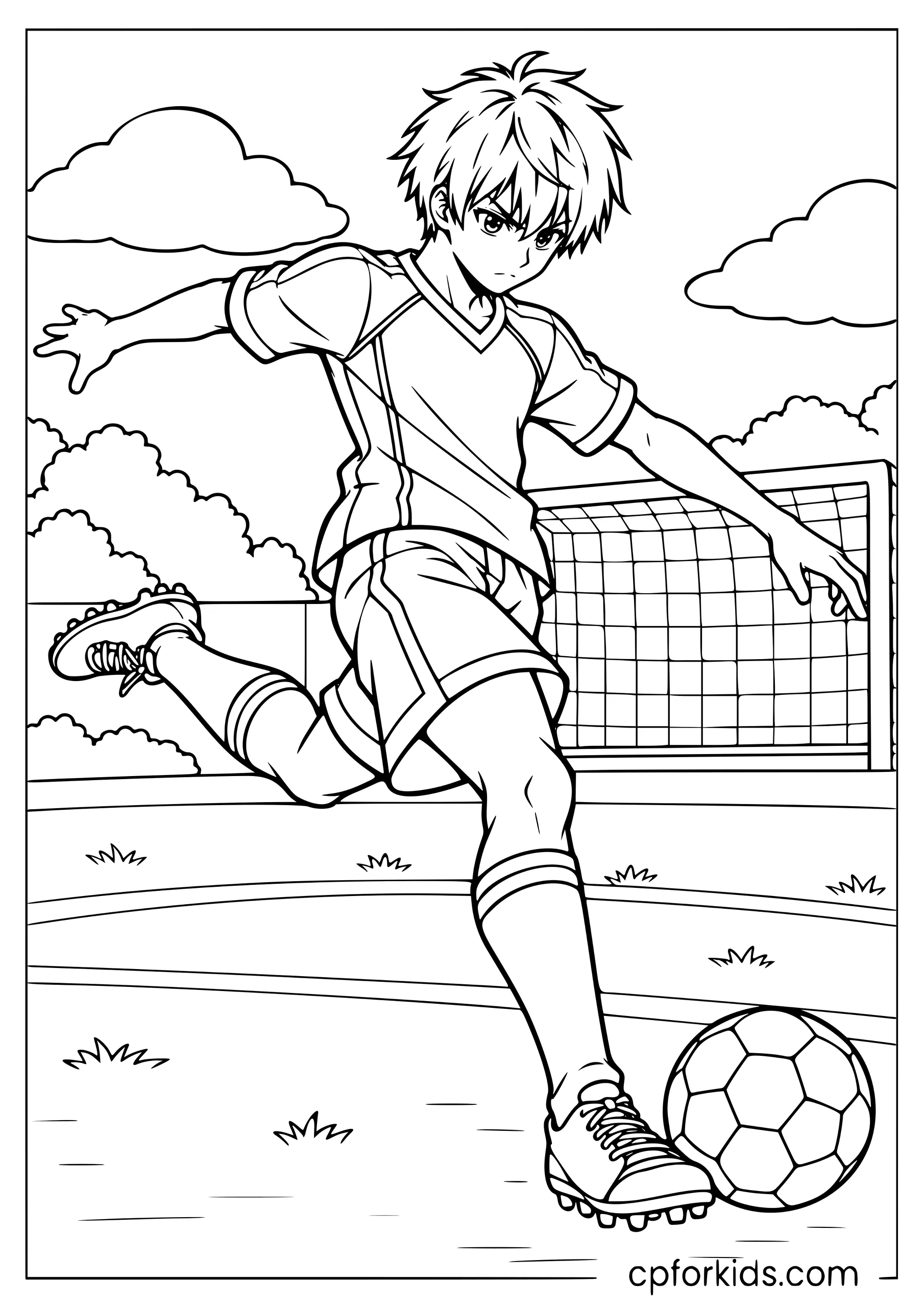 Isagi kicking a soccer ball toward an open goal