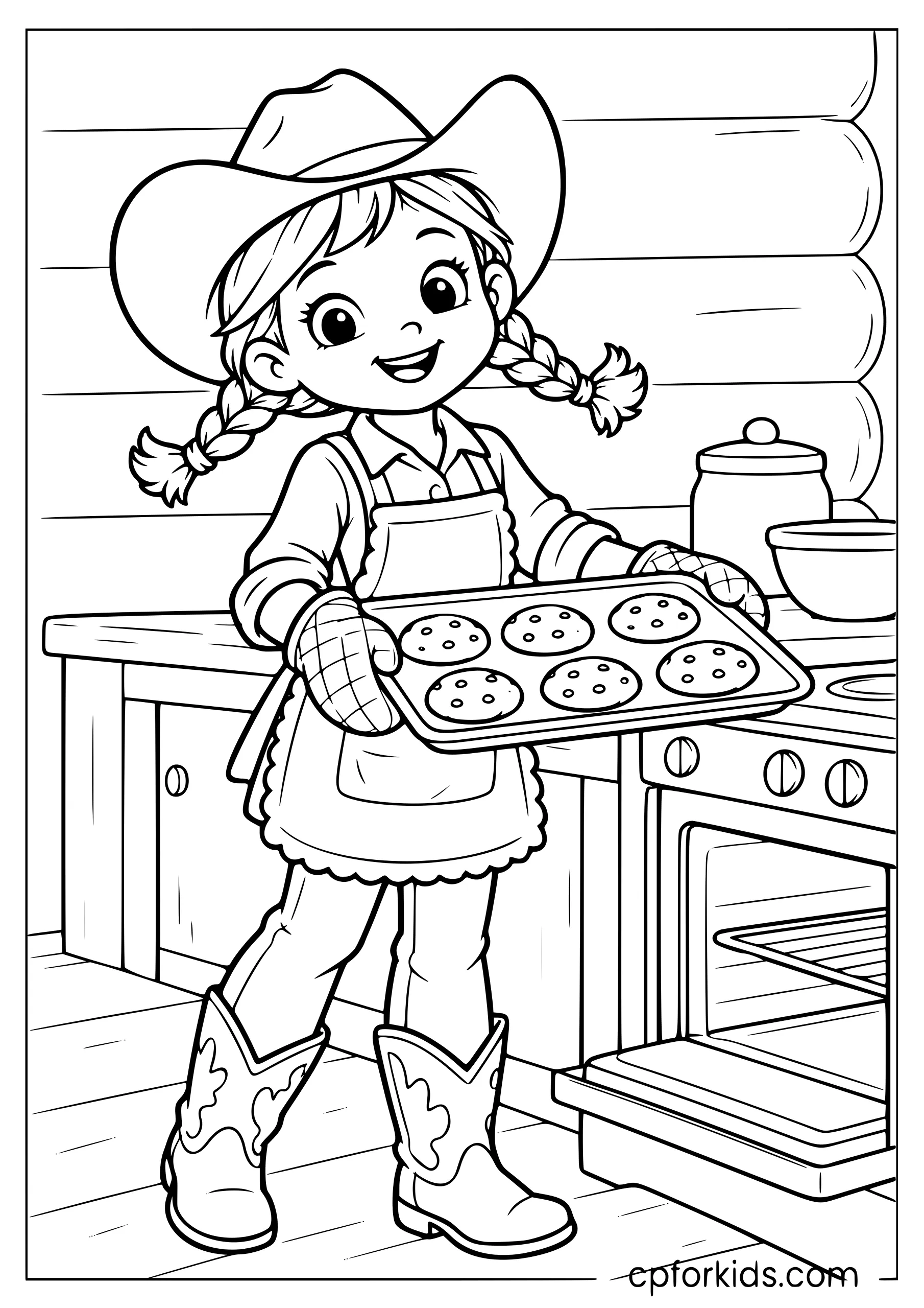Young cowgirl baking cookies in a log cabin kitchen