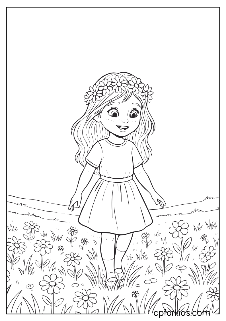 Young girl walking in a May meadow with a flower crown