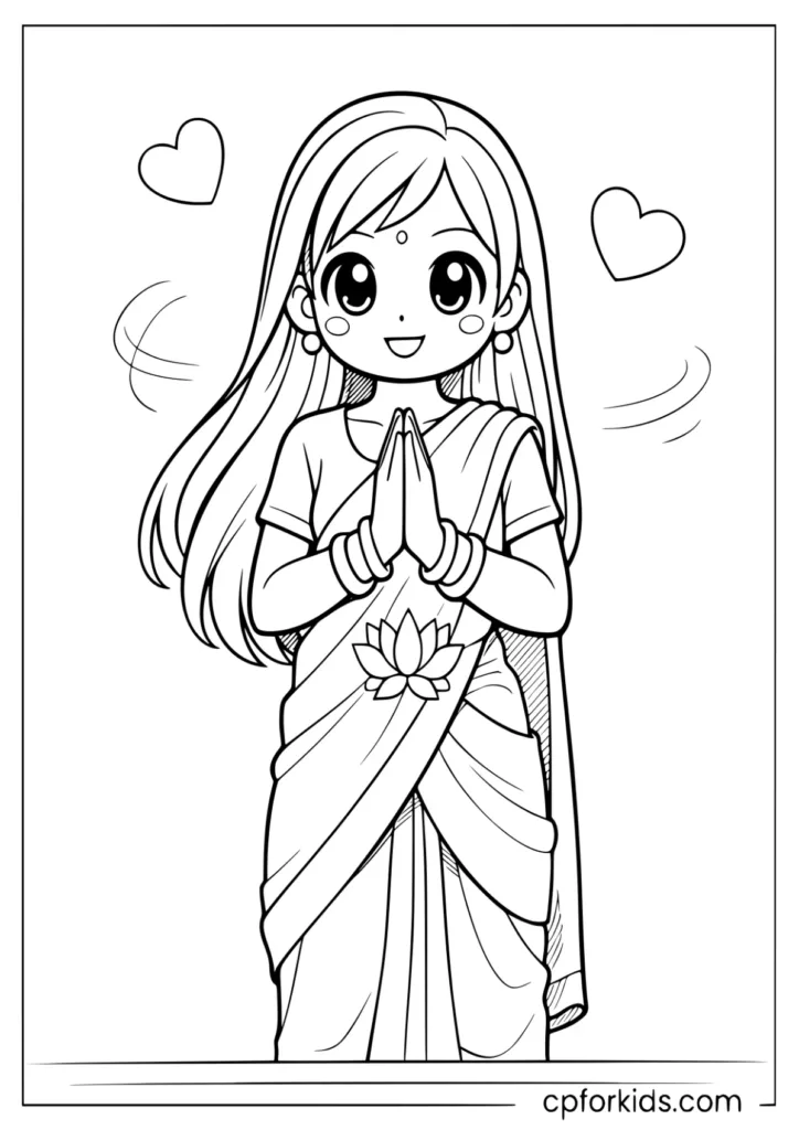 Young Indian anime girl doing Namaste pose coloring sheet