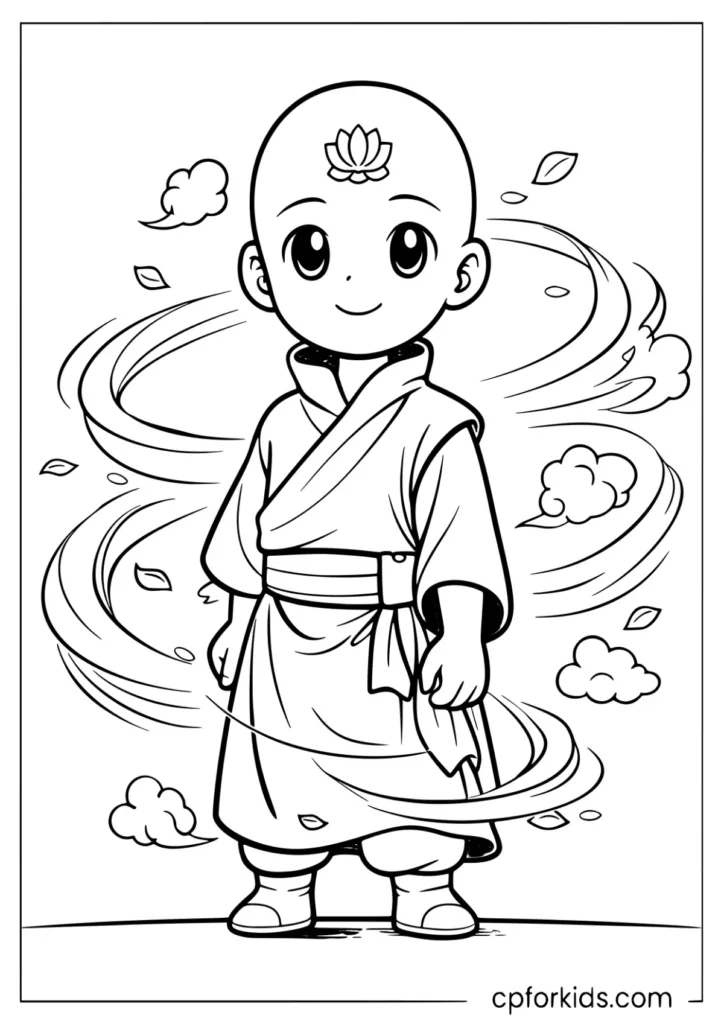 Young monk boy with wind swirls and floating leaves coloring page