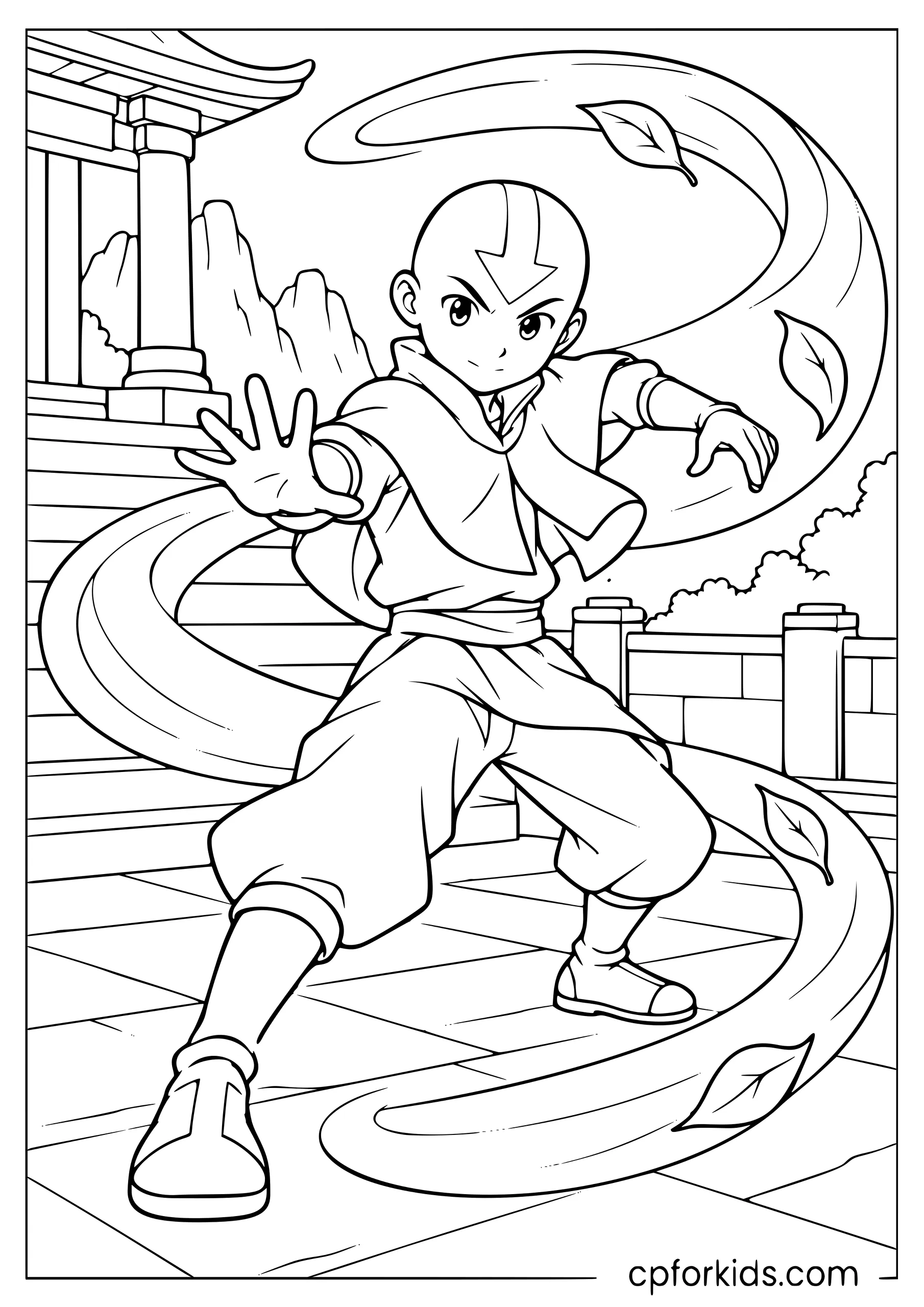 Aang guiding a broad air swirl across a courtyard