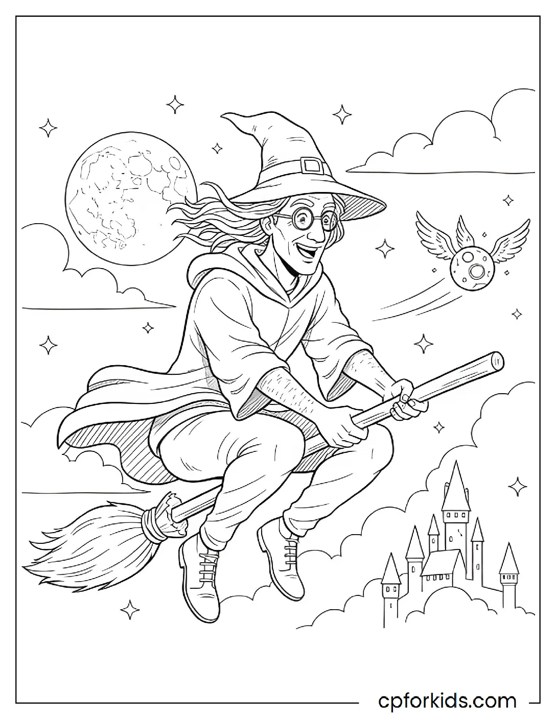 Young wizard with glasses on a broomstick