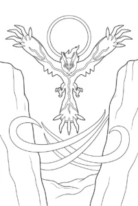 Yveltal flying between canyon cliffs beneath a solar eclipse