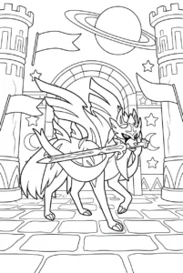 Zacian running through a castle courtyard with its sword
