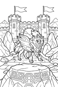 Zamazenta guarding a stone fortress between mountain peaks