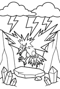 Zapdos landing on a rocky plateau beneath lightning clouds