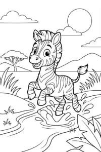 Cute zebra splashing through a shallow savanna creek
