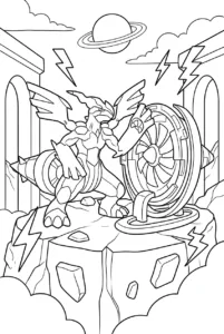 Zekrom standing beside a circular generator with lightning shapes