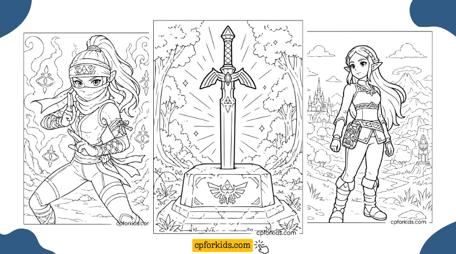 Princess Zelda in her adventurer outfit, Sheik, and the Master Sword resting in the forest