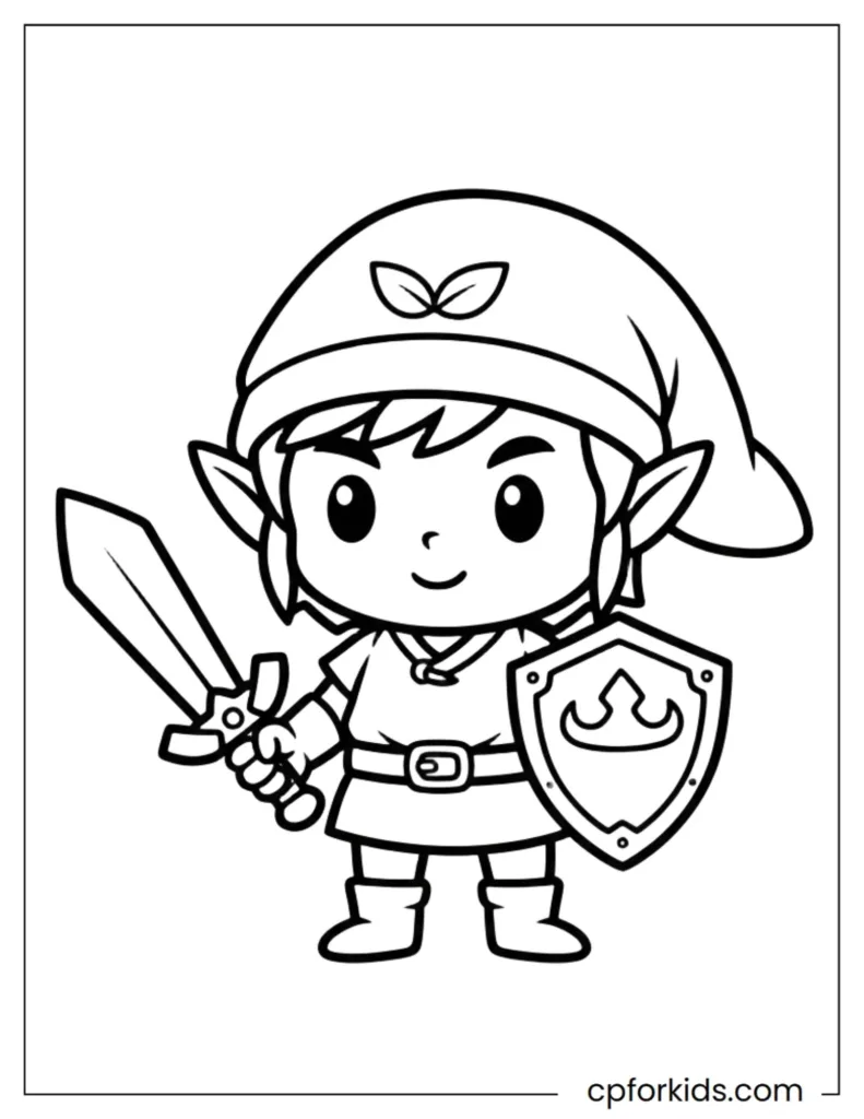 Link from Zelda Coloring Pages Link from Zelda coloring page of a fantasy hero with sword and shield, black and white drawing.