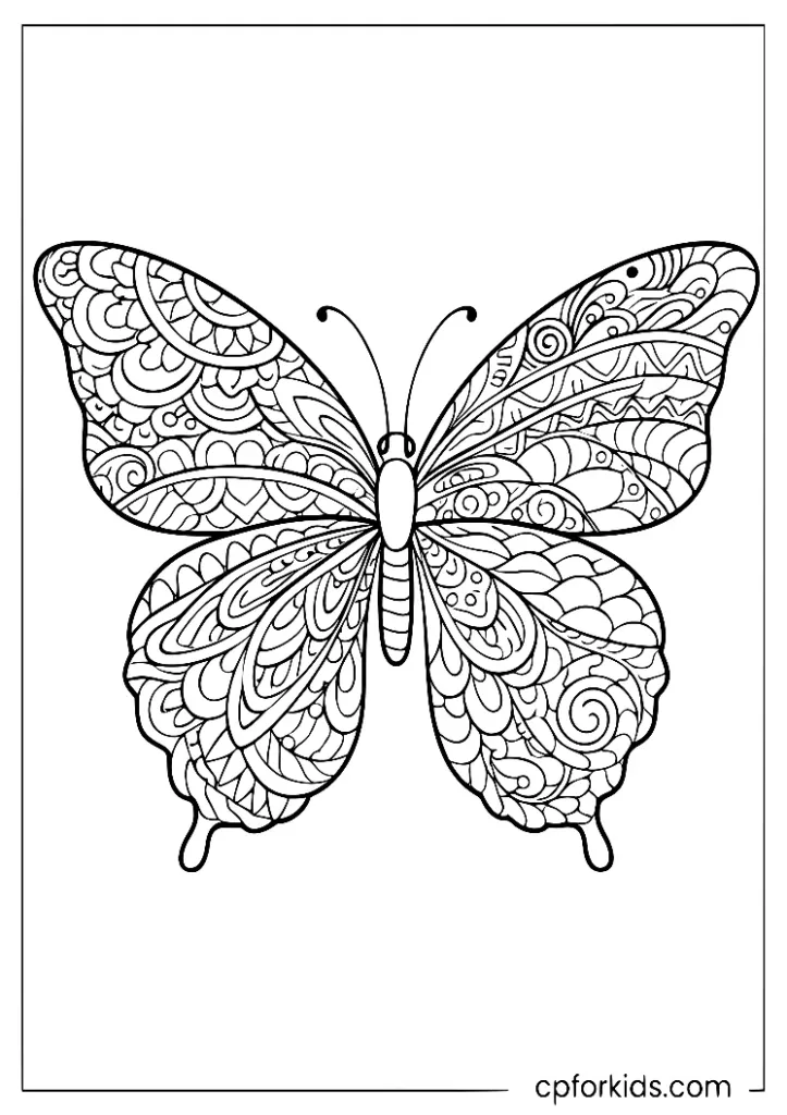 Zentangle butterfly coloring page with organic patterned wings