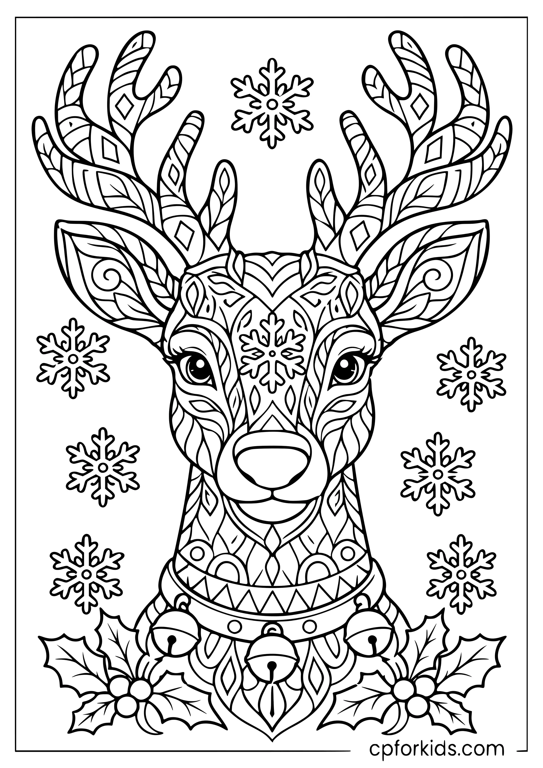 Reindeer portrait filled with broad repeating holiday patterns