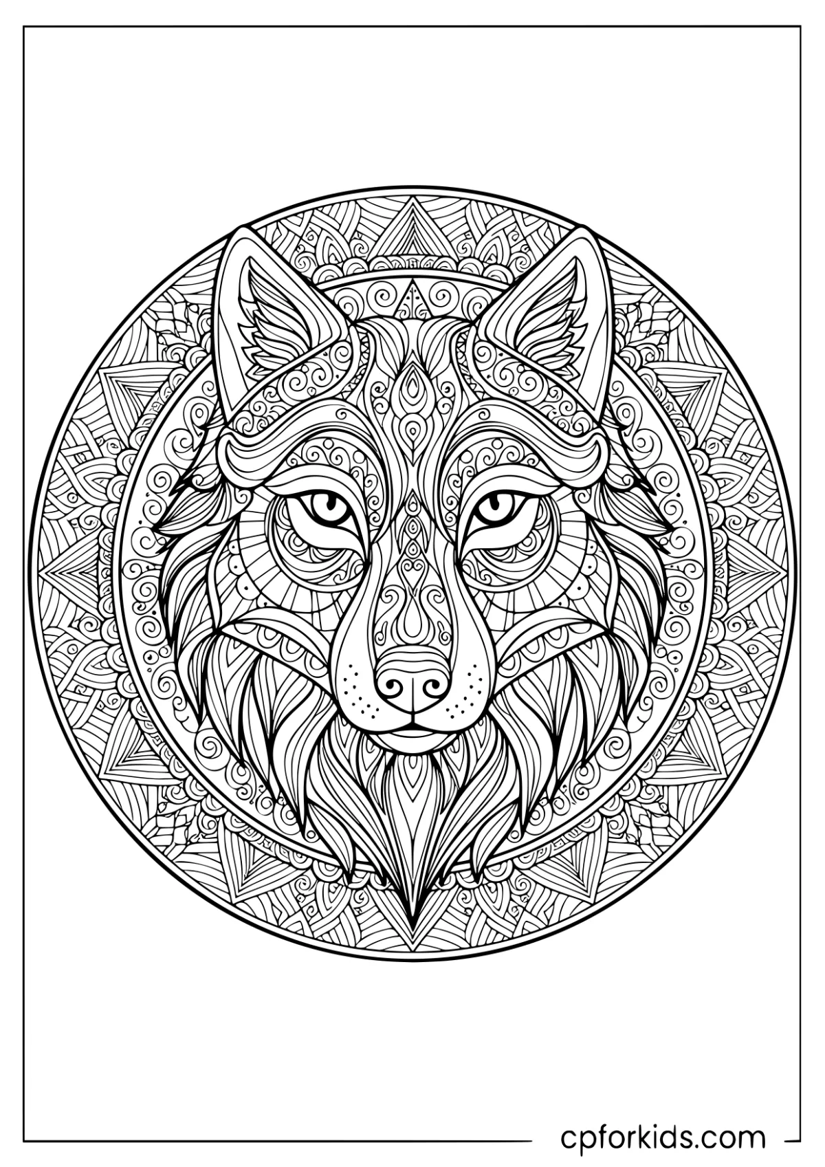 Wolf head filled with intricate symmetrical fur patterns