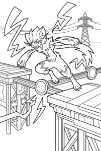 Zeraora leaping between elevated power platforms and energy nodes