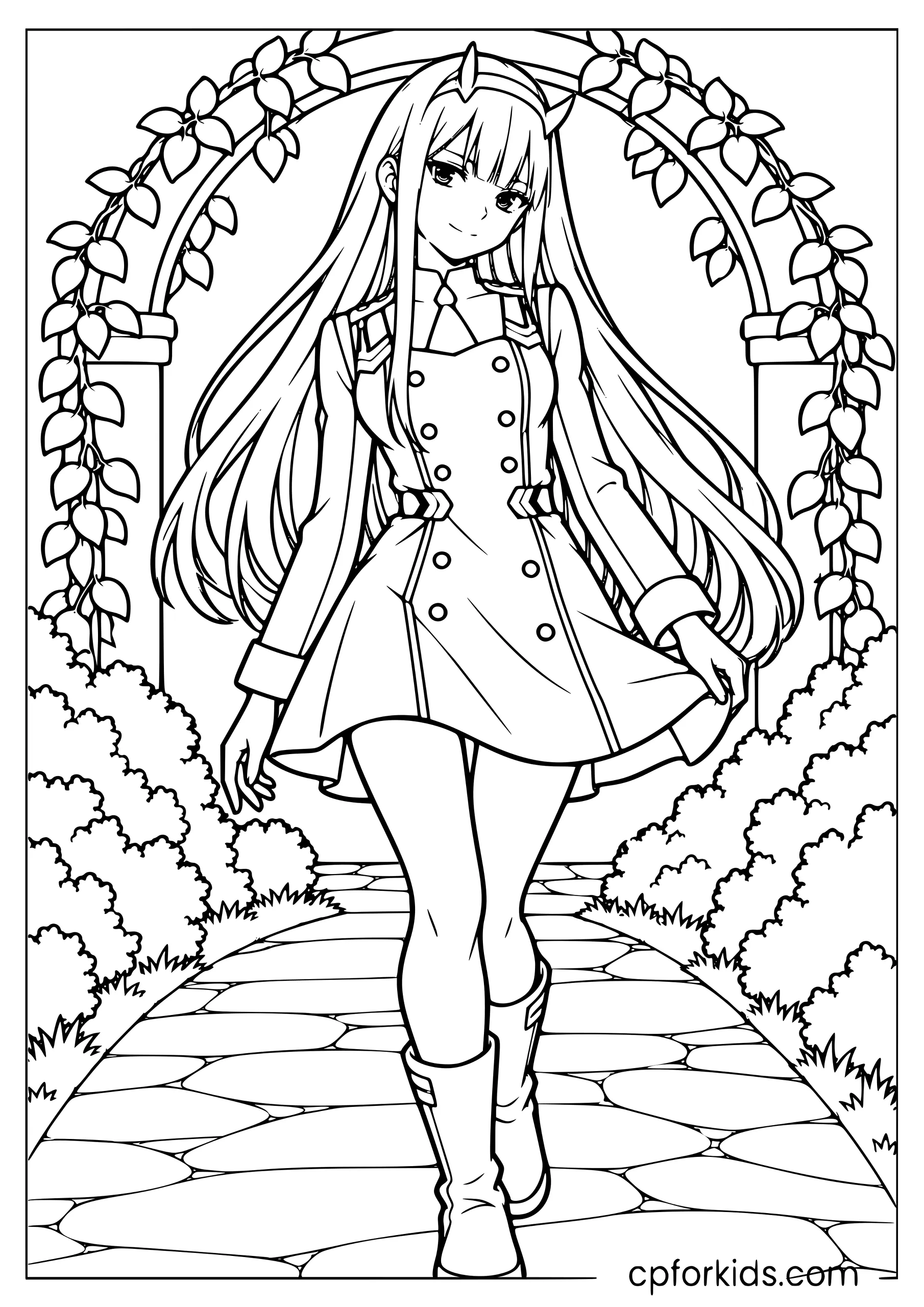 Zero Two walking beneath an arch along a garden
