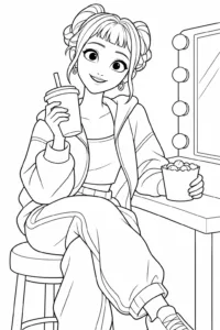 Zoey relaxing backstage with a snack and drink