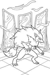Zoroark walking between curved mirrors and swirling illusion shapes